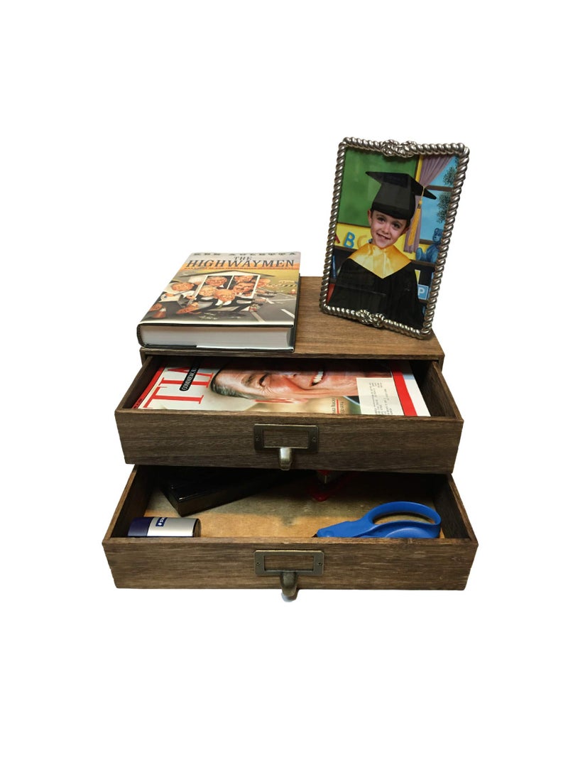 Wallniture Home Office Desk Organizer - Wooden 2 Drawer Under Monitor Stand - Printer Platform - Paper Holder Walnut - Image 2